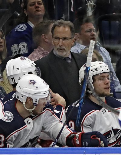 Columbus Blue Jackets head coach John Tortorella works with the team during the third period of Game 1 of an NHL Eastern Conference first-round hockey playoff series against the Tampa Bay Lightning on Wednesday, April 10, 2019, in Tampa, Fla. (Chris O’Meara / Associated Press)