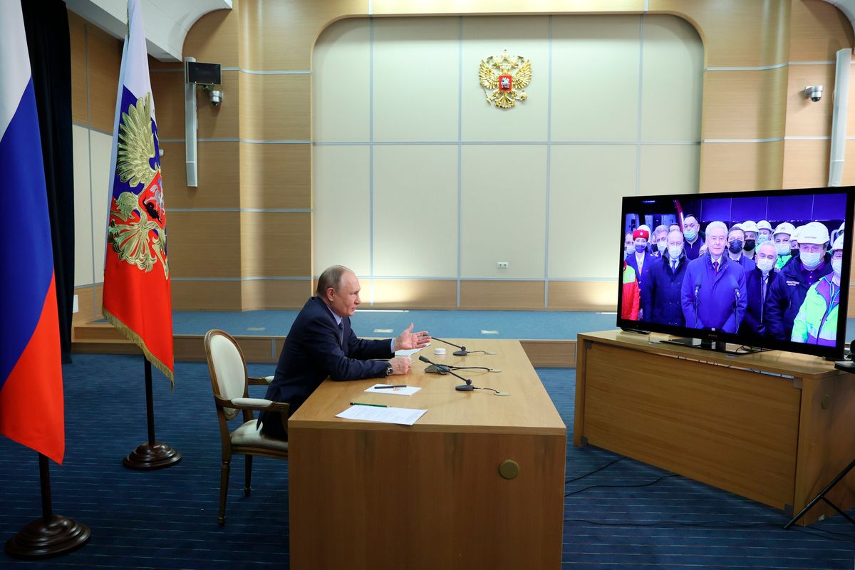 Russian President Vladimir Putin takes part in a ceremony to open ten new stations of the Big Circle Line of the Moscow subway via videoconference at the Bocharov Ruchei residence in the Black Sea resort of Sochi, Russia, Tuesday, Dec. 7, 2021. The Big Circle Line is scheduled to be completed in late 2022.  (Mikhail Metzel)