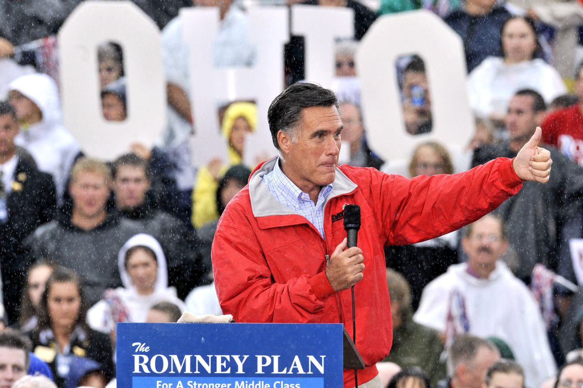 FILE - In this Sept. 14, 2012 file photo, Republican presidential candidate, former Massachusetts Gov. Mitt Romney campaigns in the rain at Lake Erie College in Painesville, Ohio. Ohio is the presidential race