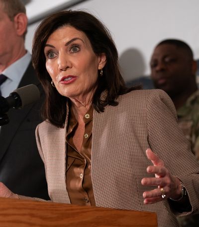 New York Governor Kathy Hochul speaks during a press conference on March 6, 2024, in New York City. Hochul said she was “horrified by the senseless killing” of the two law enforcement officers.    (Adam Gray/Getty Images North America/TNS)