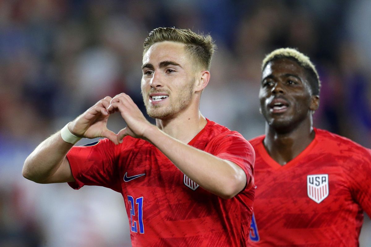 United States’ Tyler Boyd, left, celebrates his goal against Guyana with fans as teammate Gyasi Zardes follows during the second half of a CONCACAF Gold Cup soccer match Tuesday, June 18, 2019, in St. Paul, Minn. (Andy Clayton-King / Associated Press)