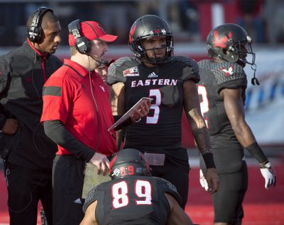 Eastern Washington head coach Beau Baldwin won’t have the ear of quarterback Vernon Adams Jr. next season. (Colin Mulvany)