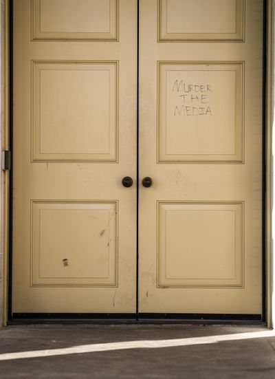 Graffiti on an East Front House outside door on Jan. 6, 2021, reads