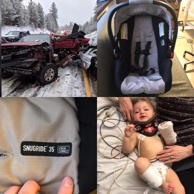 Catherine Howell, the mother of Joy Howell, who was injured in an accident on U.S. Highway 395 that killed her grandmother, shared this collage of images to Facebook with this caption: “This is what a fatal car crash looks like. This is what a car seat looks like after an ejection. It looks just fine, just some scrapes. This is what a baby girl looks like after an ejection while in a car seat, she too was just fine. Some little bumps on her forehead but nothing major. The neck brace was a precaution, and the band on her arm is an IV. Defensive driving and a properly fitted and installed car seat saved Joy’s life. Thank you Graco for your product. We will be throwing away this car seat, but we will replace it with another one of your products. Thank you Mom for looking out for my baby girl at your own expense. I love you more than words can express, I will see you again. Don’t worry mom, Joy is just fine.” (Facebook photo / Catherine Howell)
