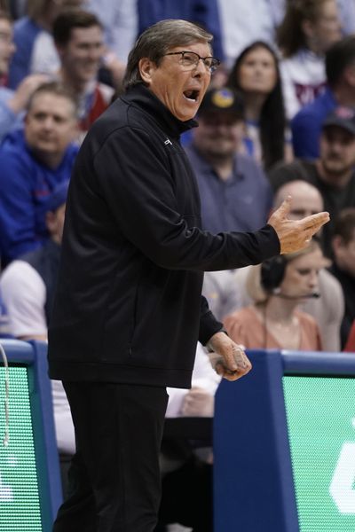 Head coach Mark Adams of the Texas Tech Red Raiders directs his team against the Kansas Jayhawks in the first half at Allen Fieldhouse on Feb. 28, 2023, in Lawrence, Kansas.   (Ed Zurga/Getty Images)