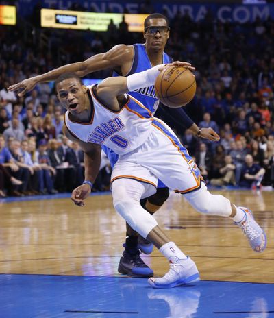 Thunder guard Russell Westbrook had 34 points and 10 assists as Oklahoma City moved into a tie for the West’s final playoff spot. (Associated Press)