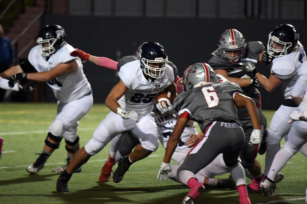 Gonzaga Prep running back Jaden Ortega (25) runs the ball against Ferris during a GSL high school football game, Thurs., Oct. 17, 2019, at Joe Albi Stadium. (Colin Mulvany / The Spokesman-Review)