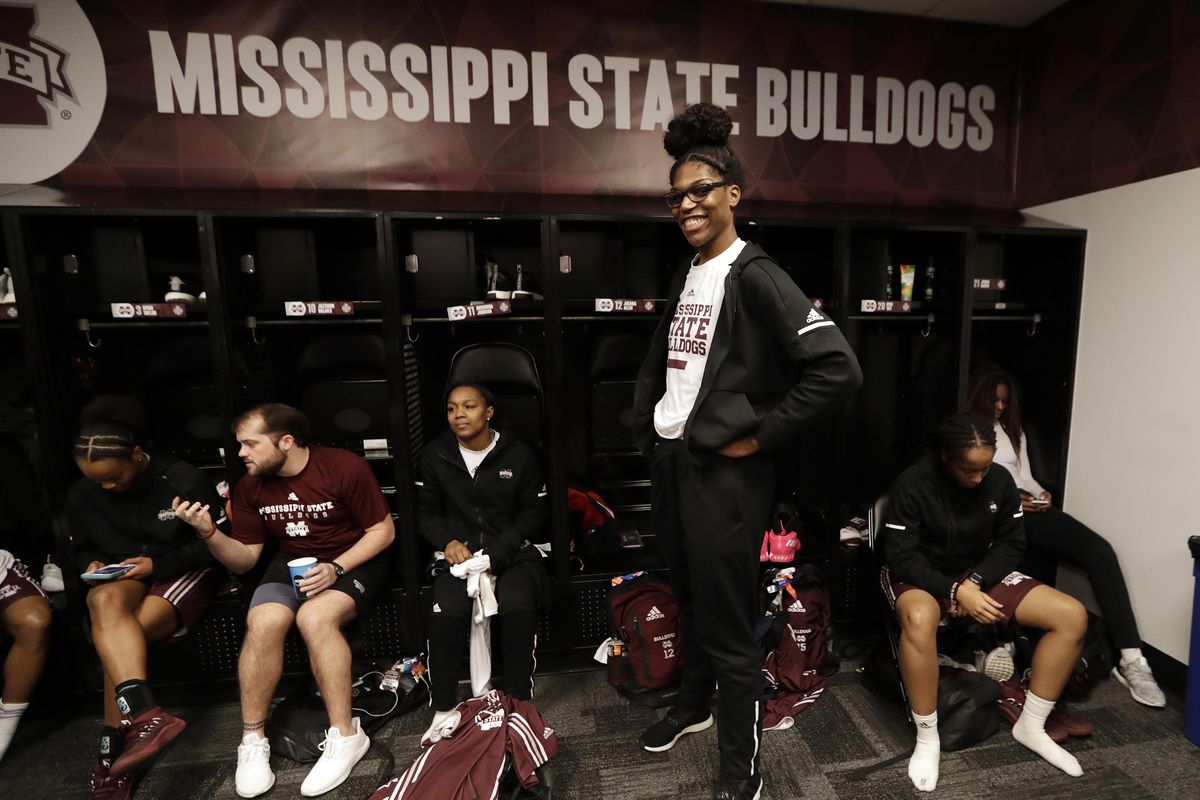 Mississippi State’s Teaira McCowan poses in the locker room Saturday during the NCAA Final Four  in Columbus, Ohio. Mississippi State will play Notre Dame on Sunday in the national championship. (Tony Dejak / AP)