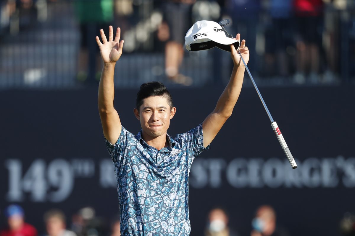 United States’ Collin Morikawa celebrates after winning the British Open Golf Championship at Royal St. George’s golf course in Sandwich, England, Sunday.  (Peter Morrison)
