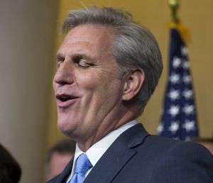 House Majority Leader Kevin McCarthy of Calif. reacts to a question during a news conference on Capitol Hill in Washington Thursday, after dropping out of the race to replace House Speaker John Boehner, who is stepping down and retiring from Congress at the end of the month. (AP Photo/Evan Vucci)