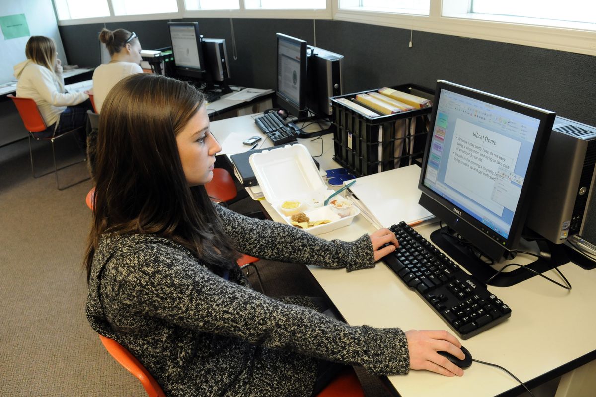 bartr@spokesman.com Haley Lloyd, 18, dropped out of Mt. Spokane High School ago after the birth of her daughter, Tatum. She is able to ride the bus to EVSD Community Connections Center teen parent program and has day care for Tatum so she is able to complete her high school education. (J. BART RAYNIAK / The Spokesman-Review)