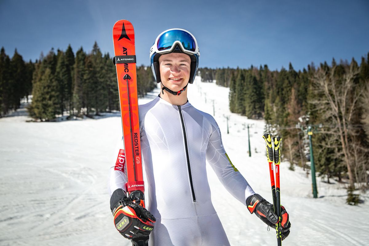 William Dexter is set to graduate with the East Valley High School class of 2019. Dexter is photographed  with his Atomic Redster G9 skis and Leki Carbon GS poles at Lodge 1 in Mt. Spokane Ski and Snowboard Park in Mead, Wash. on April 2, 2019. Dexter is a member of the Mt. Spokane Ski Race Team who ranks exceptionally high in the western region, and participates in all four alpine disciplines including downhill, super G, giant slalom and slalom events. He plans to take a year off after graduation in order to pursue racing, in hopes of a national team spot, before college. (Libby Kamrowski / The Spokesman-Review)