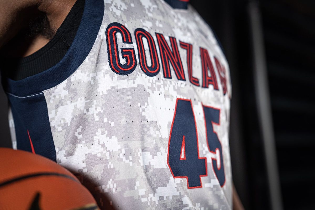 Gonzaga’s Rasir Bolton poses in a special-edition uniform the Bulldogs will be wearing next Friday against Michigan State at the Armed Forces Classic in San Diego. 