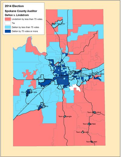 This is a map of the election night vote totals for the Spokane County auditor's race (Jim Camden)