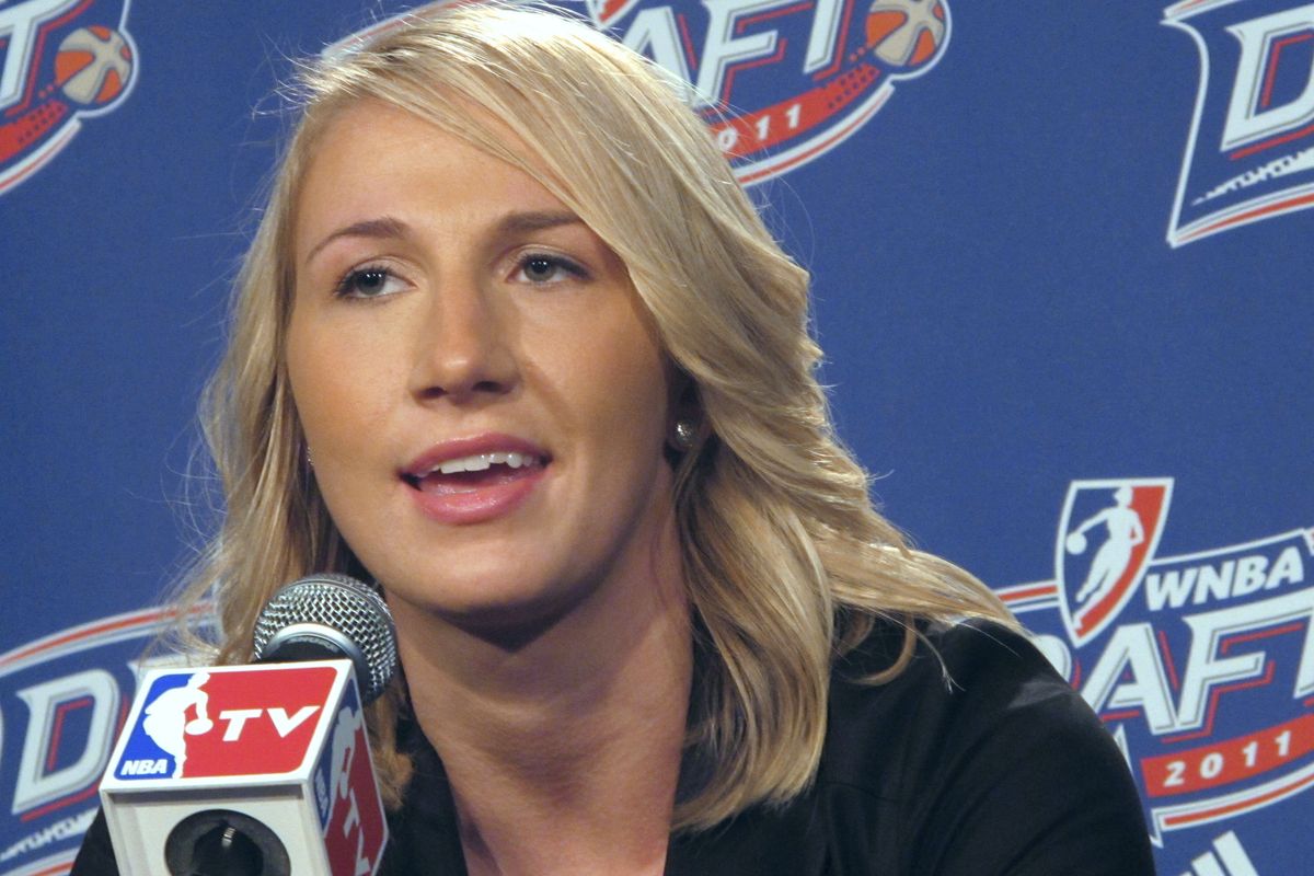 Courtney Vandersloot speaks to the media Monday after being chosen by the Chicago Sky as the No. 3 draft pick. (Associated Press)