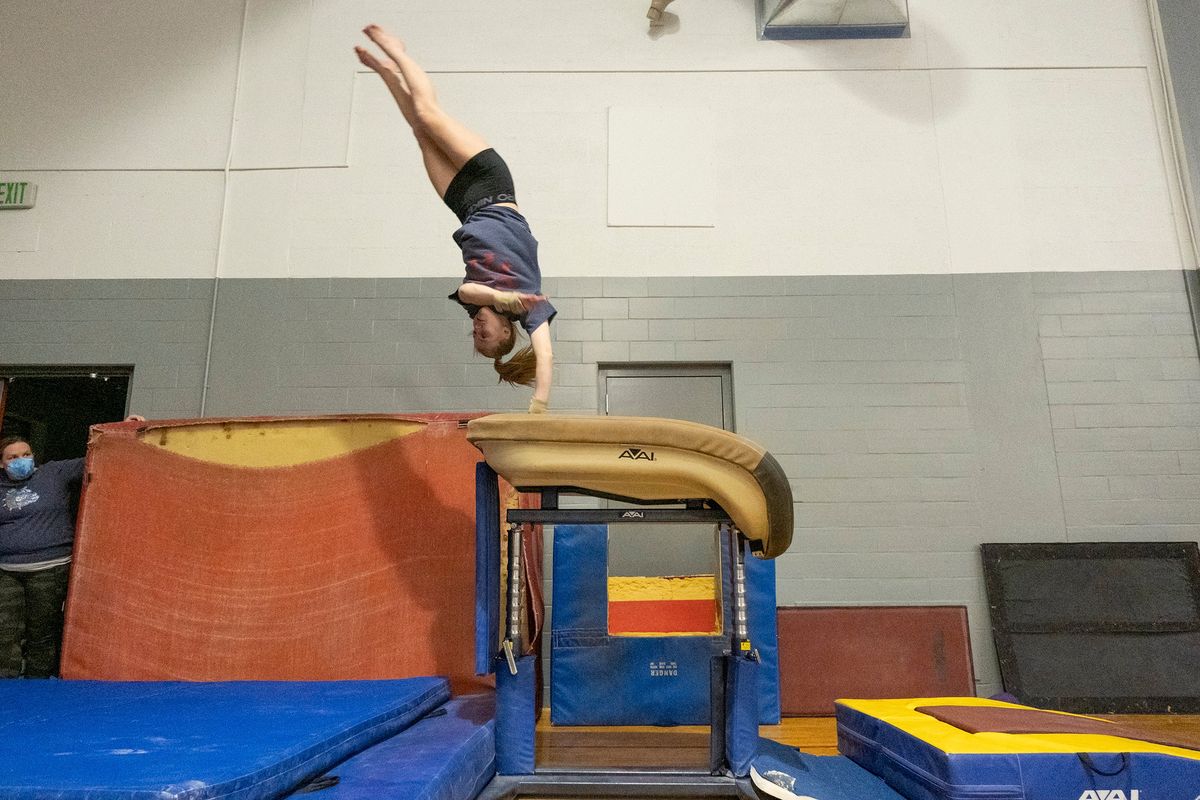 Mt. Spokane’s {span}Jacqueline Bonnett practices a vault on Feb. 15, 2022, at Mead Gymnastics Center in Spokane, Washington.{/span}  (Madison McCord/For The Spokesman-Review)