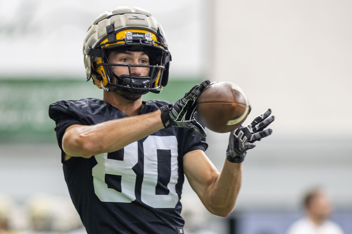 Idaho wide receiver Hayden Hatten catches a pass during a practice on Monday, July 31, 2023 at the Kibbie Dome in Moscow.  (Geoff Crimmins/For the Spokesman-Reivew)
