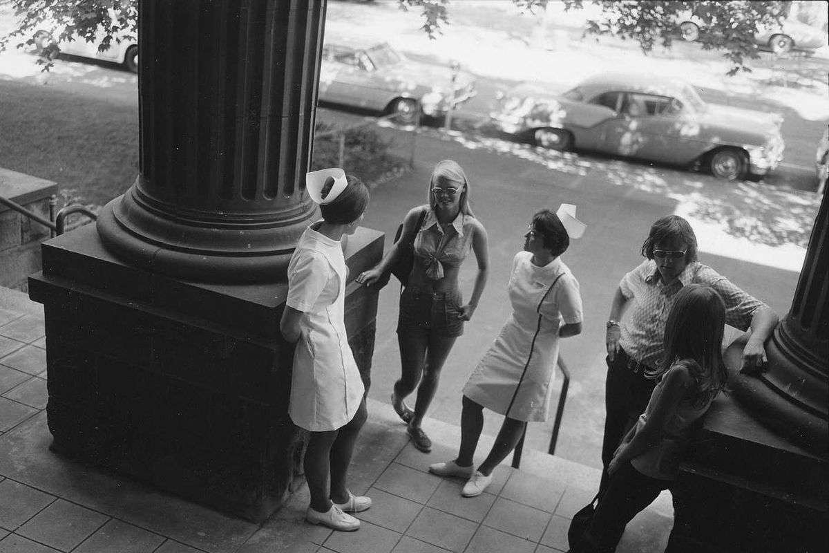 Students on the steps of the Carnegie Library building in 1973. (WSU COLLEGE OF NURSING / Courtesy)