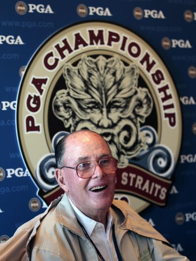 In this Aug. 12, 2012, file photo, golf course architect Pete Dye speaks at a news conference during the first round of the PGA Championship golf tournament at Whistling Straits in Haven, Wisc. Golf lost one of its great design architects Thursday when Pete Dye died at age 94. Dye had been battling Alzheimer's disease for several years. His golf courses often were described as “dye-abolical” because of the punishment they could inflict on a bad shot. (Charlie Riedel / Associated Press)