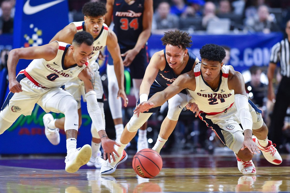 Gonzaga and Pepperdine vie for a loose ball during the first half of a WCC men
