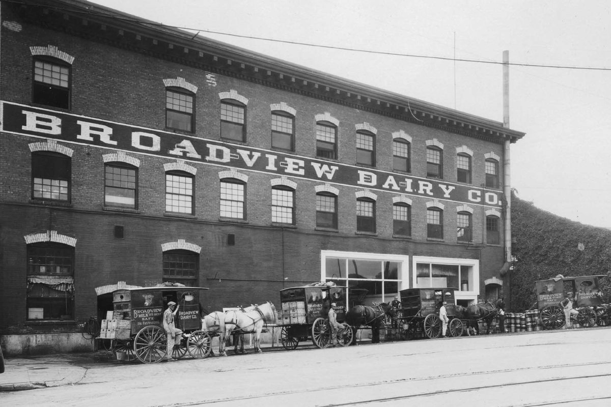 August 14, 1925. Broadview Dairy employees line up with their carriages, ready to deliver milk. From left to right are: S.S. Spurd, D.B. Bell, W.J. Brssarrll (that’s how it’s spelled on the back of the photo) and Roy W. Richardson. The dairy was located at Washington and Cataldo and began in 1905. In 1925 it had a stable a half block away that was home to 65 horses which were used to deliver milk. (Spokesman-Review archives)