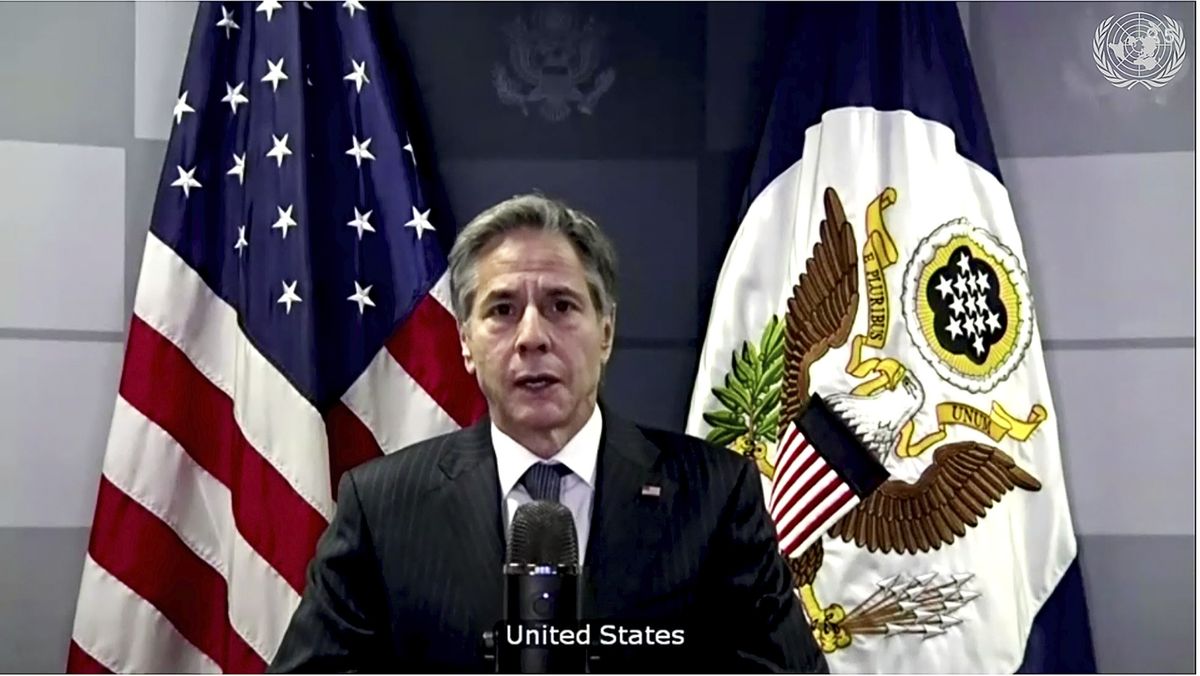 A video screen grab from UNTV shows U.S. Secretary of State Antony Blinken speaking during a U.N. Security Council high-level meeting on COVID-19 recovery focusing on vaccinations, chaired by British Foreign Secretary Dominc Raab, Wednesday, Feb. 17, 2021, at U.N. headquarters.  (HONS/Associated Press)
