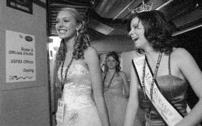 
Miss Spokane's Outstanding Teen, Tori Lynn Johnson, right, and first runner-up Laine Hamacher are all smiles as they go behind the scenes at the U.S. Figure Skating National Championships. 
 (Ingrid Lindemann / The Spokesman-Review)