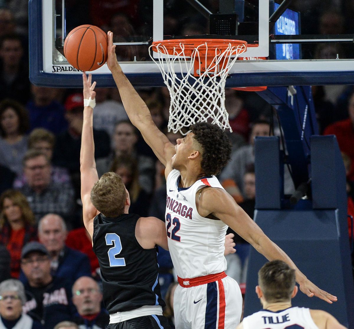 Gonzaga forward Jeremy Jones rejects San Diego guard Joey Calcaterra, Saturday, Feb. 2, 2019, in the McCarthey Athletic Center. (Dan Pelle / The Spokesman-Review)