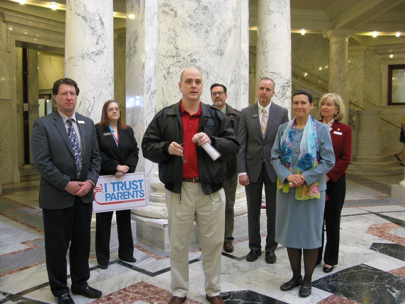 School-choice supporters and lawmakers gather at a Statehouse news conference on Monday morning (Betsy Russell)