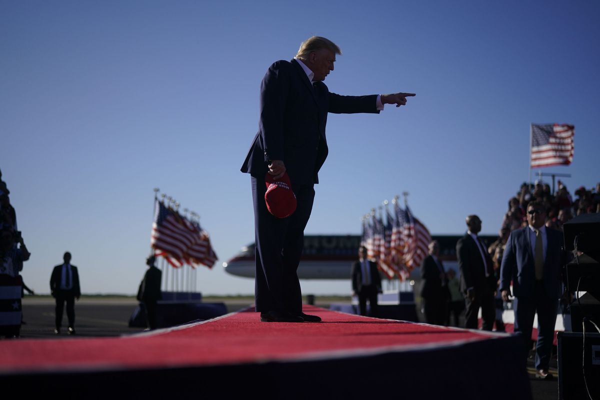 Former president Donald Trump arrives for a campaign rally at Waco Regional Airport in Waco, Texas, on Saturday.    (Jabin Botsford/The Washington Post)