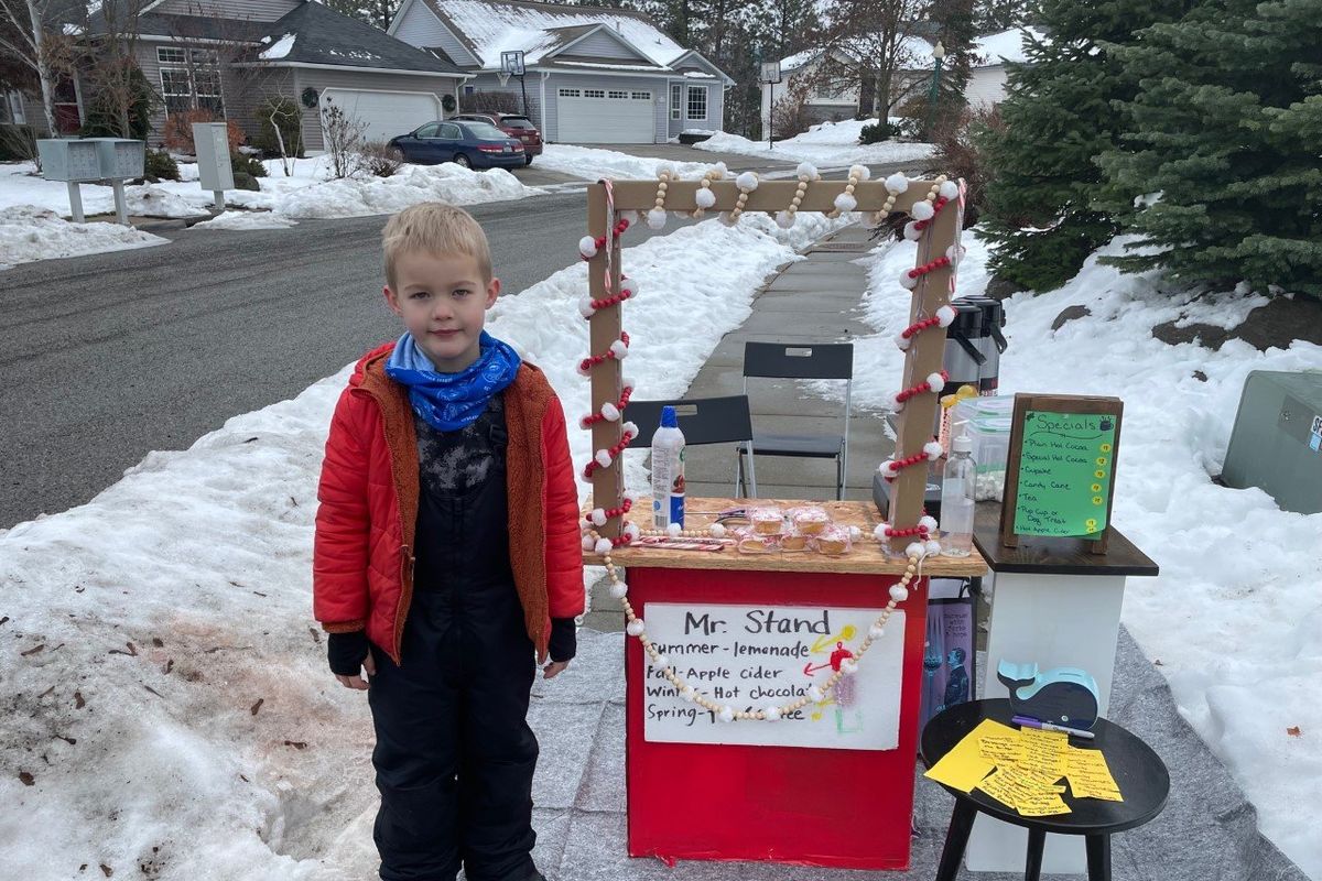Blaine Binger, 6, has been selling hot cocoa at his home in Spokane to raise money to help people who are homeless.  (Nina Culver/For The Spokesman-Review)