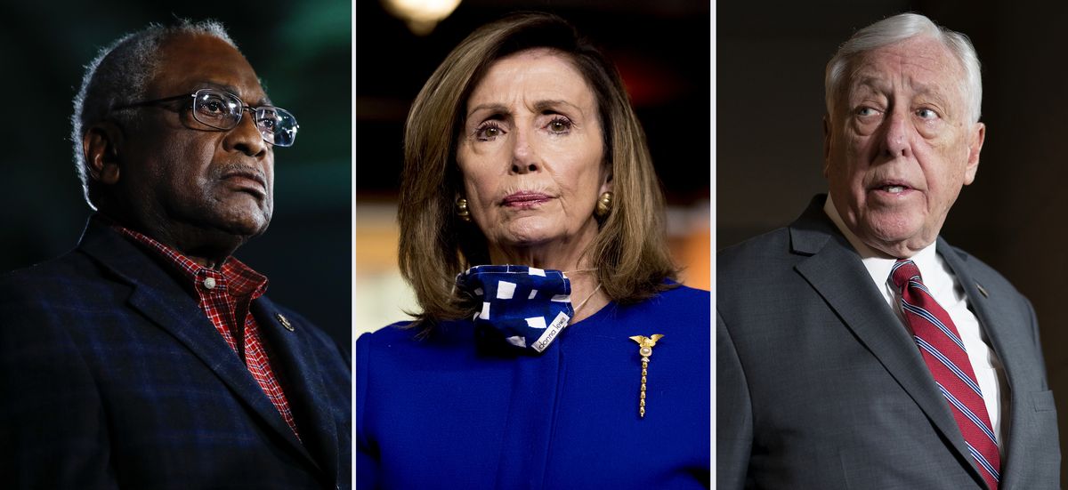 This combination of file photos shows from left, Rep. James Clyburn, D-S.C. on Feb. 29, 2020, in Columbia, S.C., House Speaker Nancy Pelosi of Calif., on July 24, 2020, in Washington and House Majority Leader Steny Hoyer, D-Md., on March 3, 2020, in Washington. Hoyer and No. 3 party leader Clyburn, Congress’ highest ranking Black member, were reelected to their positions, like Pelosi without opposition on Wednesday, Nov. 18, 2020.  (STF)