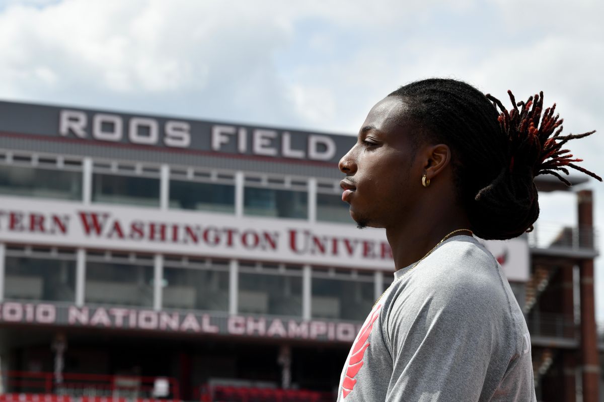 Eastern Washington long jumper Keshun McGee is setting standards for the Eagles  at Roos Field in Cheney. (Tyler Tjomsland / The Spokesman-Review)