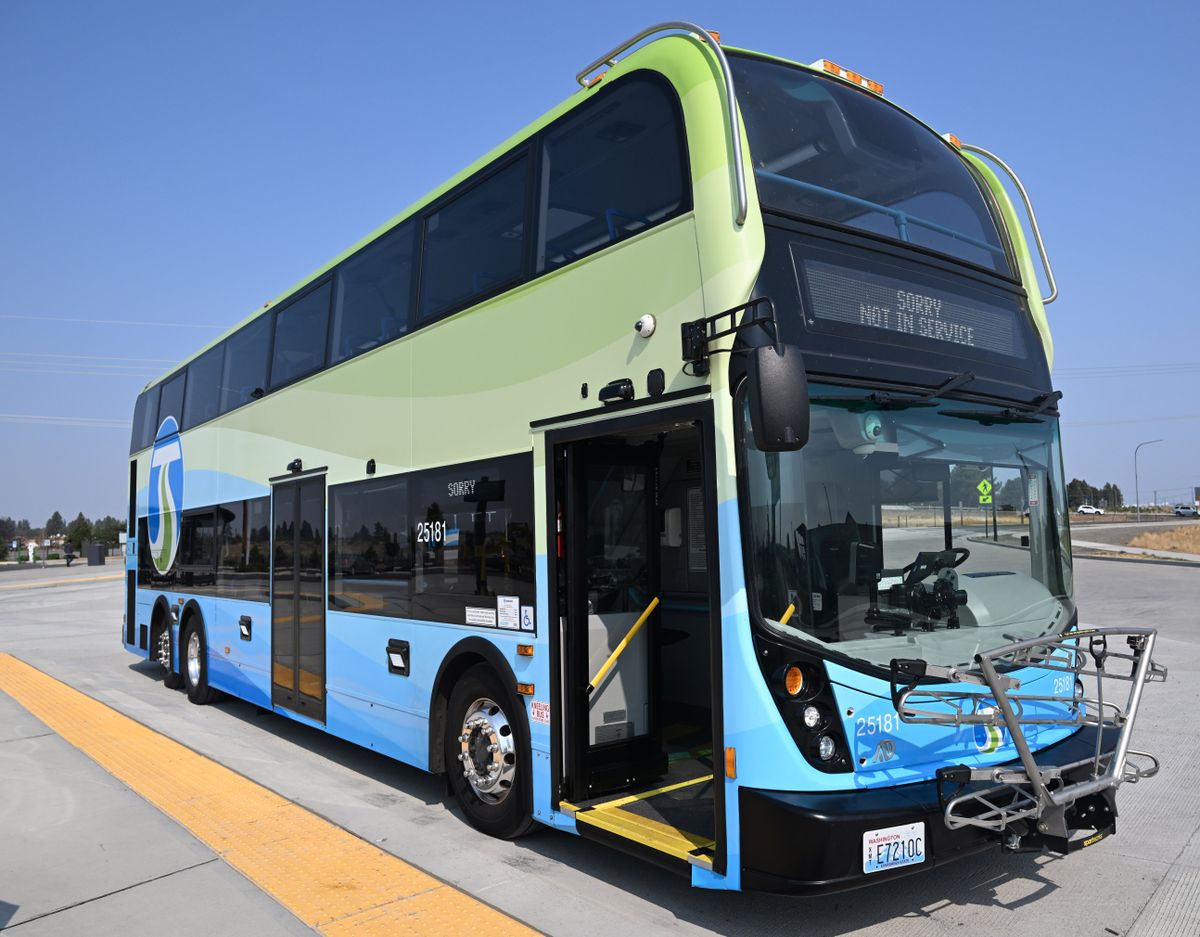 One of the Spokane Transit Authority’s new double decker buses pauses at the West Plains Transit Center, shown Wednesday, Sept. 10, 2025, near Cheney. STA plans to train all of their drivers, more than 300 of them, to drive the tall buses, though they’ll only be used on certain routes. (Jesse Tinsley/The Spokesman-Review)