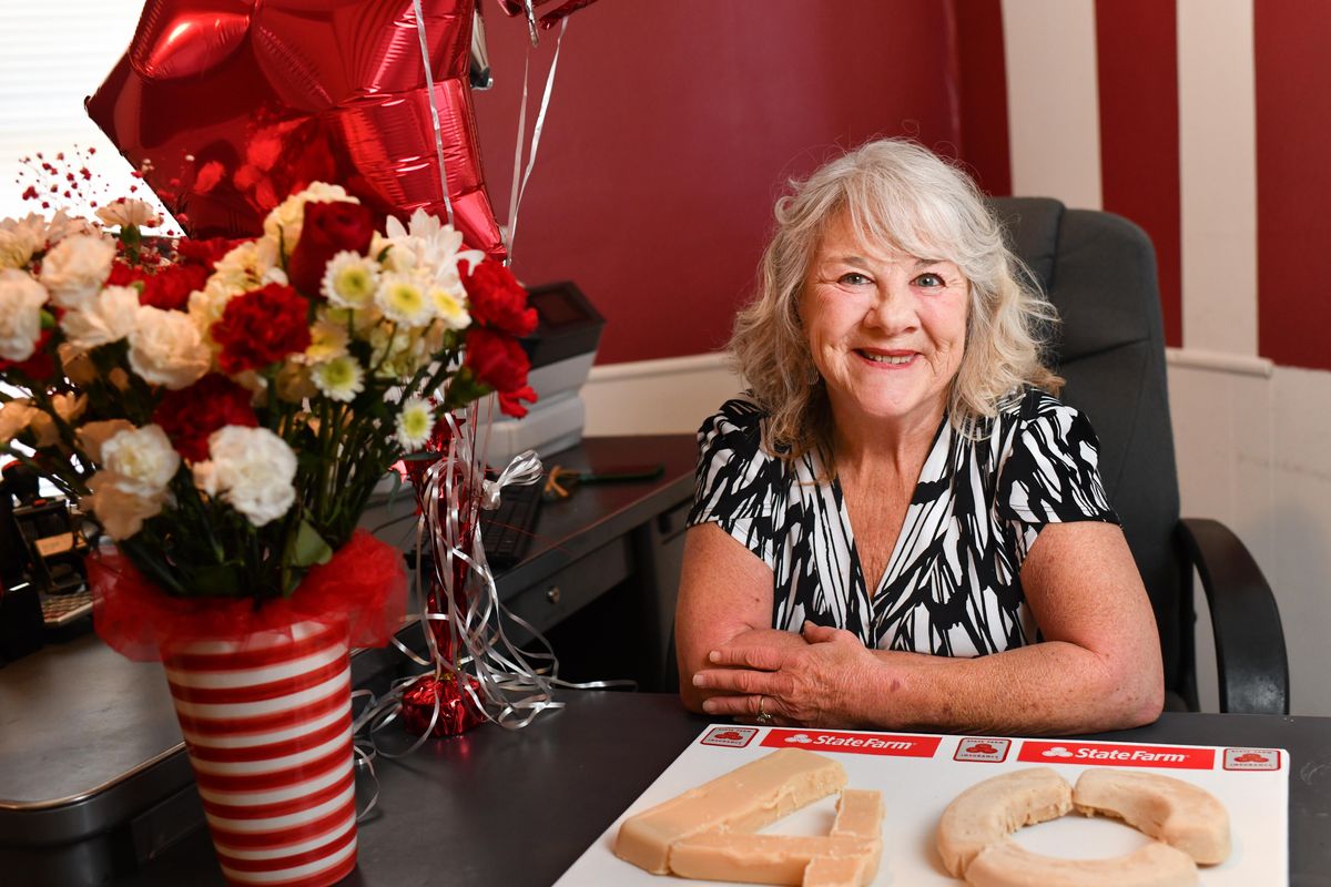 Kathie Doyle-Lipe, an insurance agent with State Farm for the past 40 years, sits in her office at 4704 North Maple St. on on Thursday, May 9, 2019. (Tyler Tjomsland / The Spokesman-Review)
