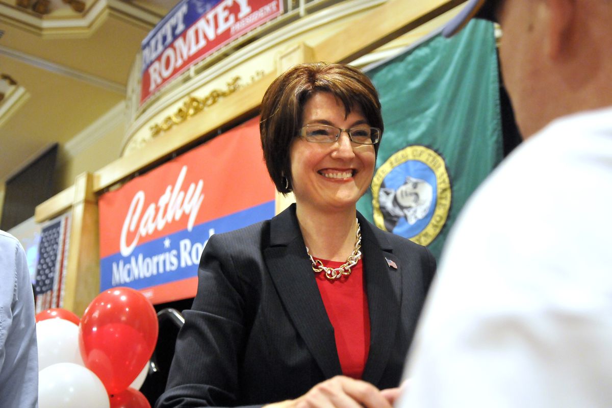 U.S. Rep. Cathy McMorris Rodgers shakes hands with constituents after a short victory speech election night at the Davenport Hotel. (Jesse Tinsley)