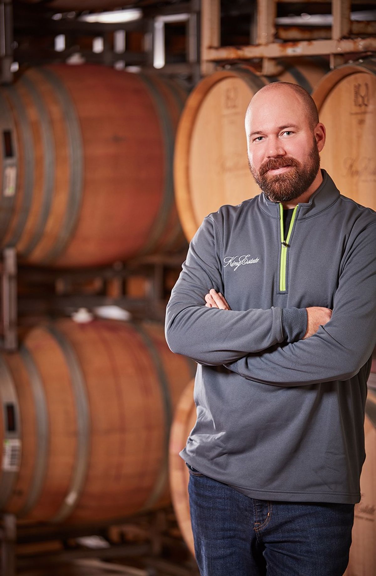 Brent Stone, a product of Washington State University’s winemaking program, was named head winemaker of King Estate Winery near Eugene in 2017. Stone began working for the King family in 2011.  (Sara Sanger/King Estate Winery)