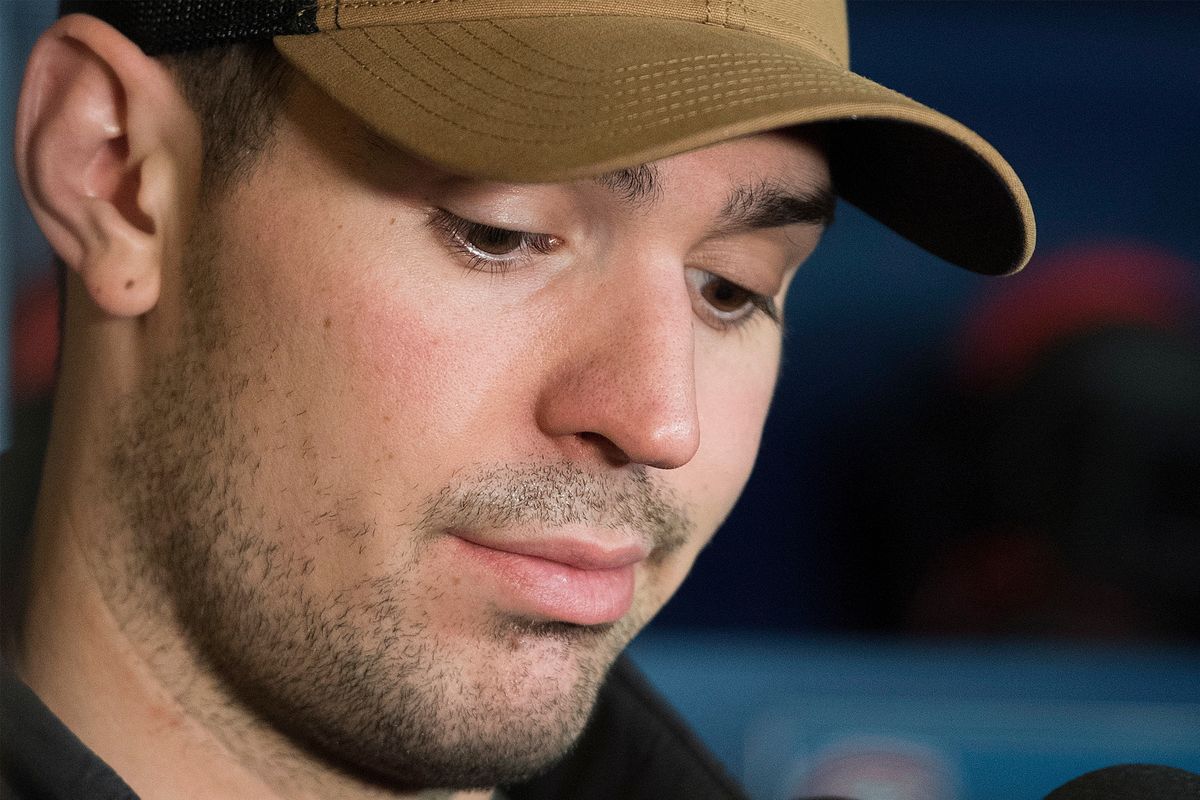 Montreal Canadiens goaltender Carey Price speaks to reporters during an end of season news conference in Brossard, Quebec, in this Monday, April 9, 2018, file photo. Canadiens goaltender Carey Price has voluntarily entered the NHL/NHL Players’ Association joint player assistance program, a stunning announcement Thursday, Oct. 7, 2021, less than a week before the season begins and just three months after he backstopped Montreal to the Stanley Cup Final.  (Graham Hughes)