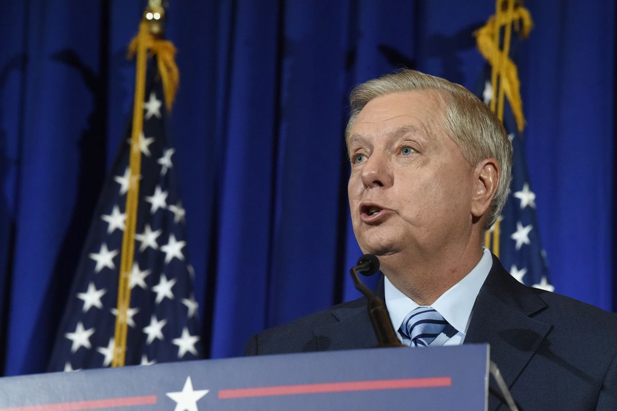 U.S. Sen. Lindsey Graham of South Carolina makes his victory speech after winning another term in office on Tuesday, Nov. 3, 2020, in Columbia, S.C.  (Meg Kinnard)