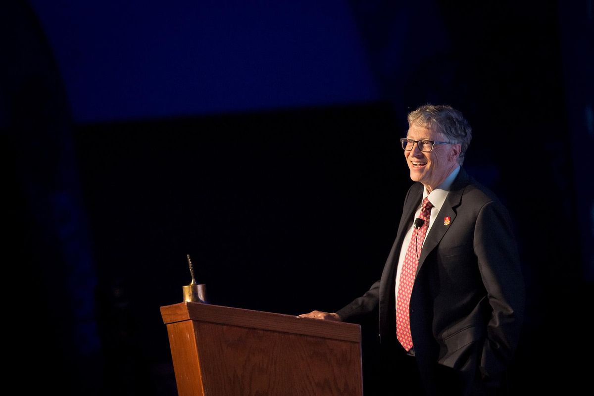 Philanthropist Bill Gates speaks to a packed ballroom of Rotarians at the Spokane Convention Center on May 18, 2019. Gates