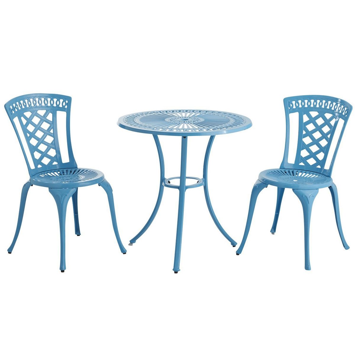 A Neely Bistro Set in peacock blue adds unexpected, fun color to a patio or small terrace.