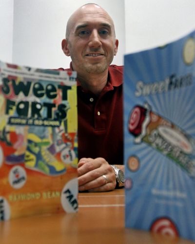  Teacher and author Ray Sabini, who goes by the pen name Raymond Bean, during an interview about his book for middle grade readers, “Sweet Farts, Rippin’ it Old-School,” in New York. The book chronicles a 9-year-old boy’s multimillion-dollar science fair invention of tablets that can change foul-smelling gas into the culprit’s scent of choice: summer rose, cotton candy, grape – even pickles.  (Associated Press)