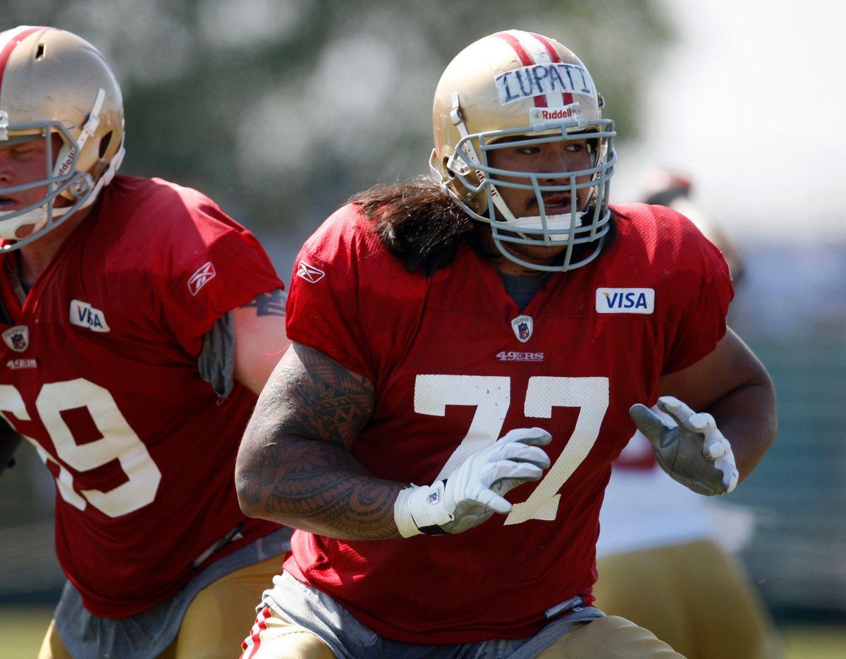 San Francisco 49ers rookie offensive lineman Mike Iupati (77) is shown during a drill at training camp in Santa Clara, California, on Monday, August 2, 2010.  (Tribune News Service)