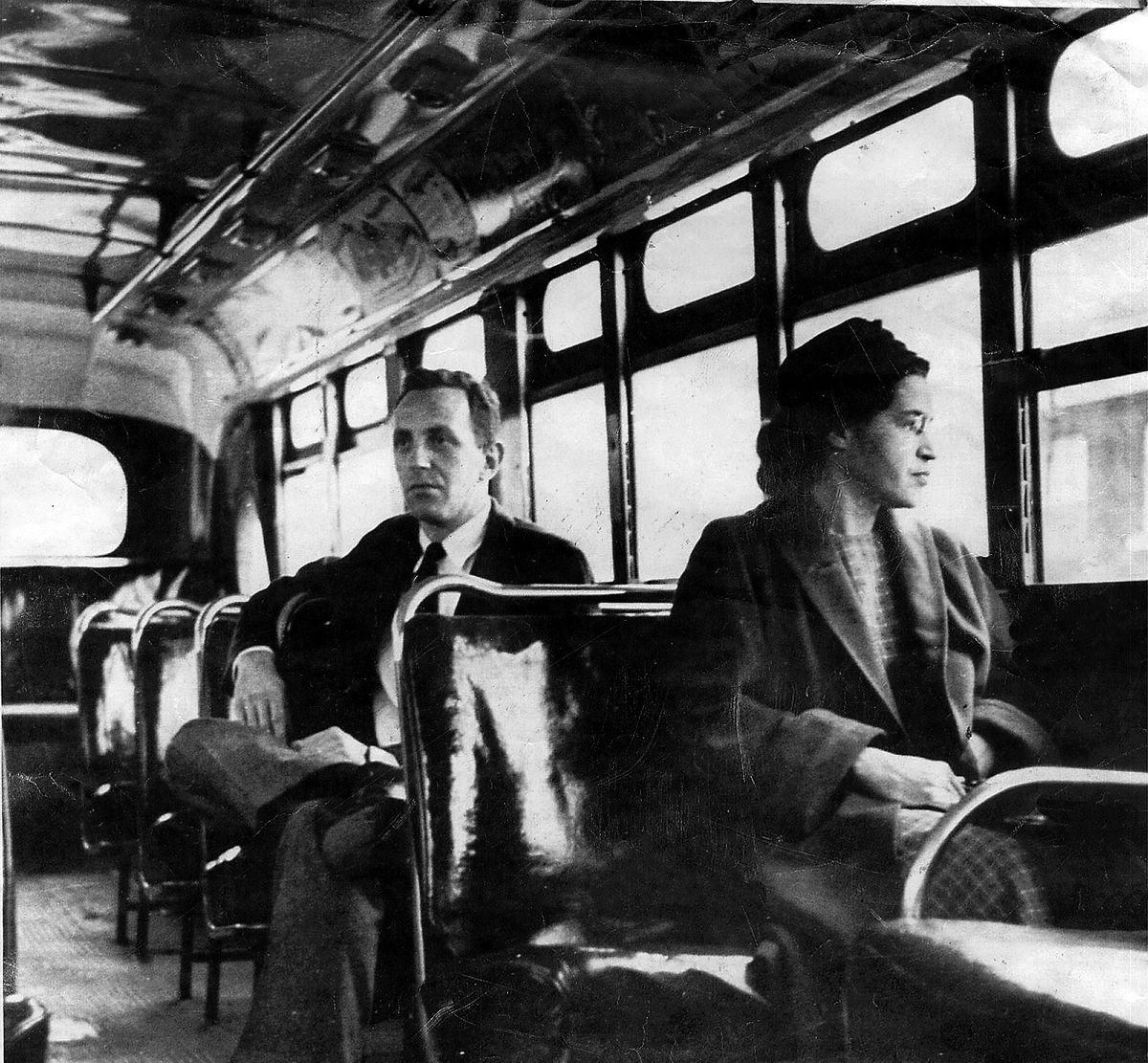 This undated photo shows Rosa Parks riding on the Montgomery Area Transit System bus. (Associated Press)
