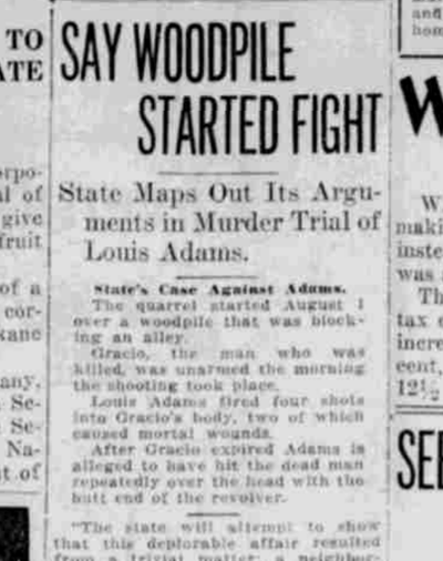 A dispute over a woodpile led to the fatal shooting of Joe Gracio by a neighbor, Louis Adams, prosecutors told a jury 100 years ago today.  (S-R archives)