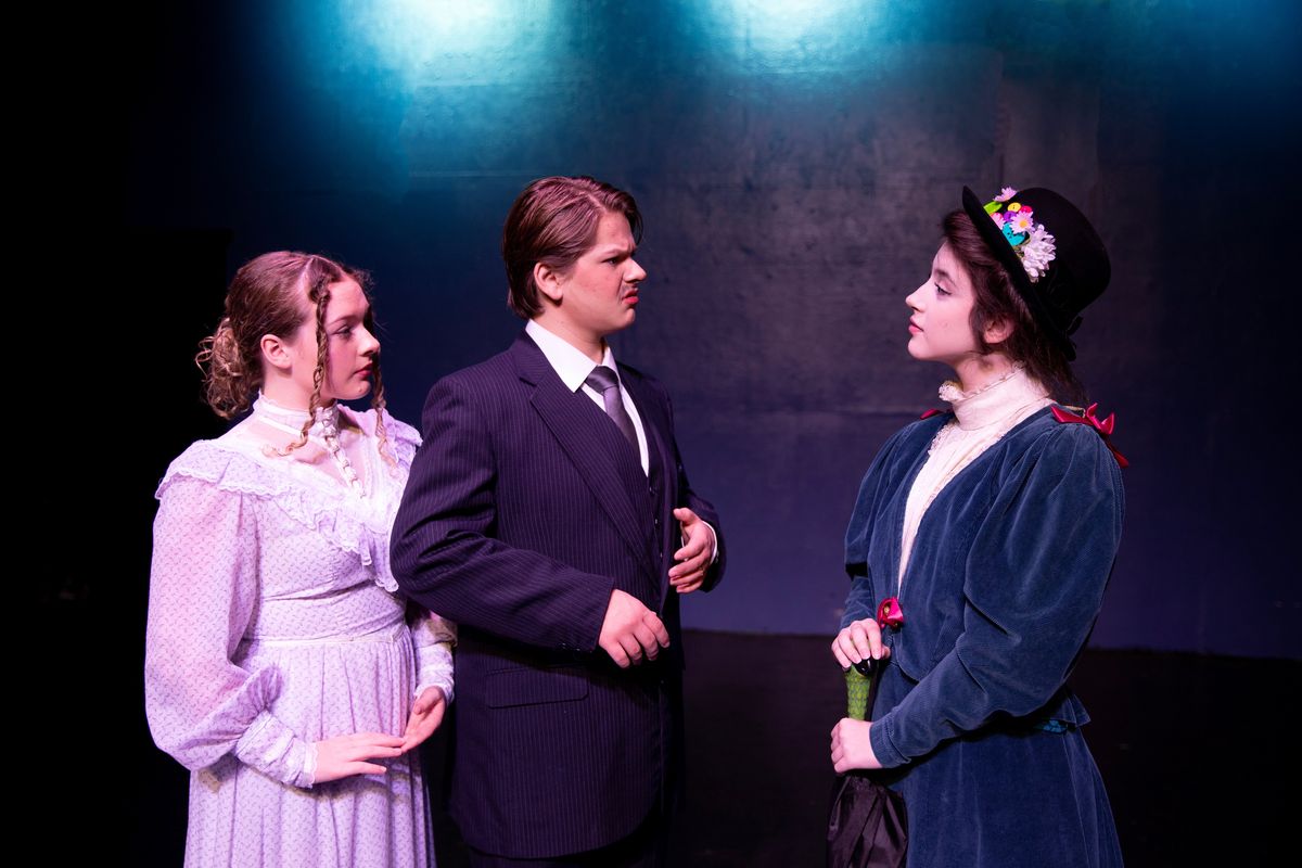 Mr. and Mrs. Banks George (Norah Spilker and Evan Sperry) meet Mary Poppins (Darby Shuster) in Spokane Children’s Theatre’s production of “Mary Poppins.” (Photo courtesy of Tanya Brownlee)
