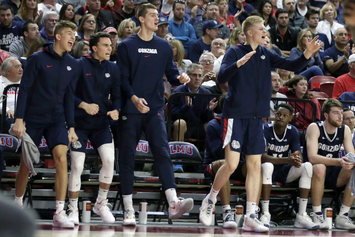 Gonzaga players celebrate a basket during the second half of an NCAA college basketball game against Loyola Marymount in Los Angeles, Saturday, Jan. 11, 2020. (Alex Gallardo / AP)