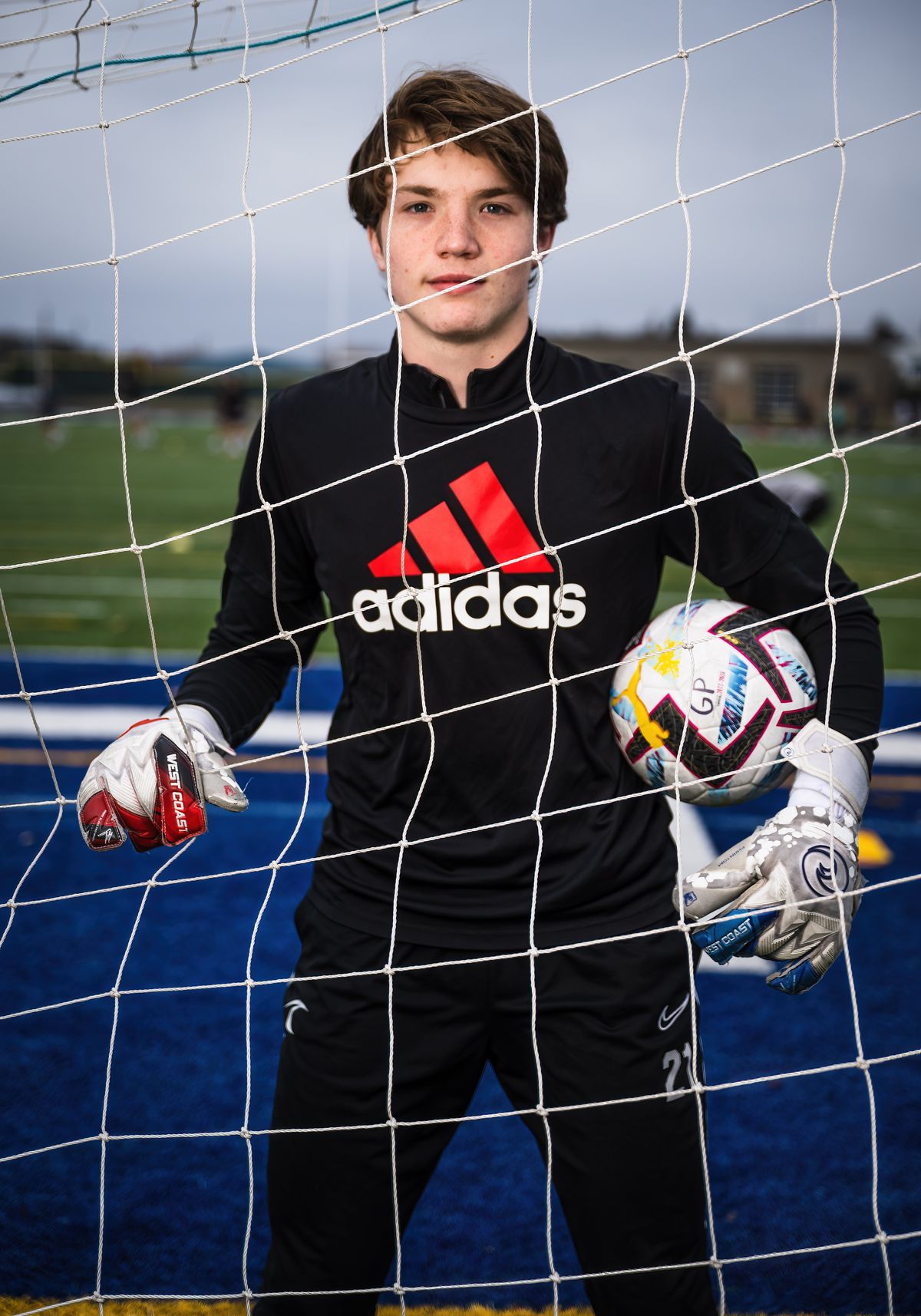 Gonzaga Prep goalie Noah Jordan poses during practice at the school on Monday.  (COLIN MULVANY/THE SPOKESMAN-REVI)