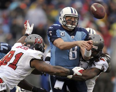 Titans quarterback Matt Hasselbeck takes some tough hits on his own fantasy team. (Associated Press)