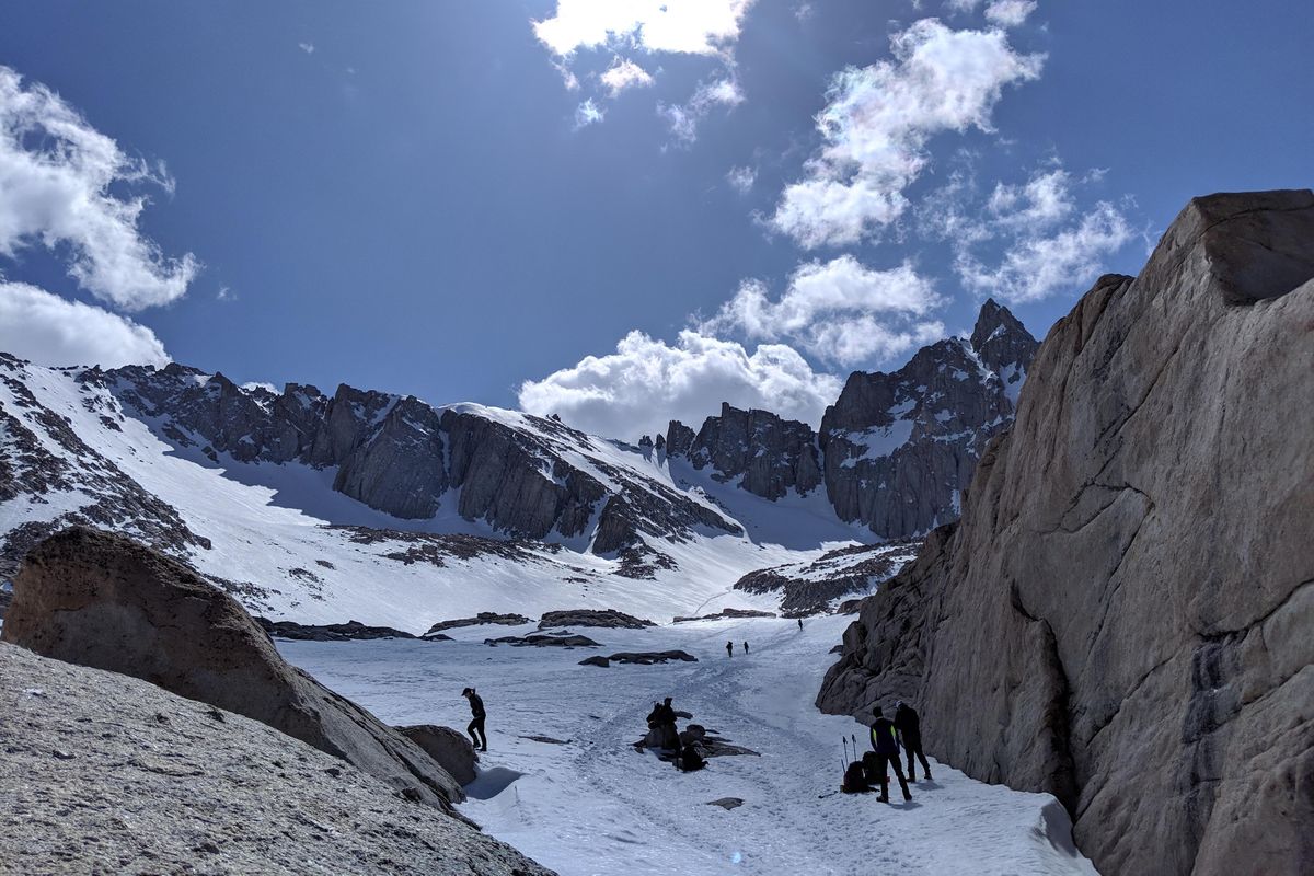 Members of a Gonzaga University alumni retreat head toward the summit of Mt. Whitney on Saturday May 4, 2019. The 12-member climbing team ended up rescuing three stranded an ill-prepared hikers. (Kyle Denton / COURTESY)